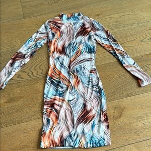 Fashion Nova Swirl-Print Long Sleeve Bodycon Dress in Blue & Orange